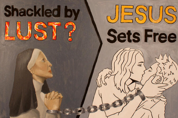 Shackled by Lust, 24" x 36", oil, acrylic, and paint market on canvas
